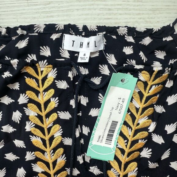 THML Navy Blue Women’s Small Silvano Embroidered Yellow Boho Tank Top Tassels - Picture 4 of 9